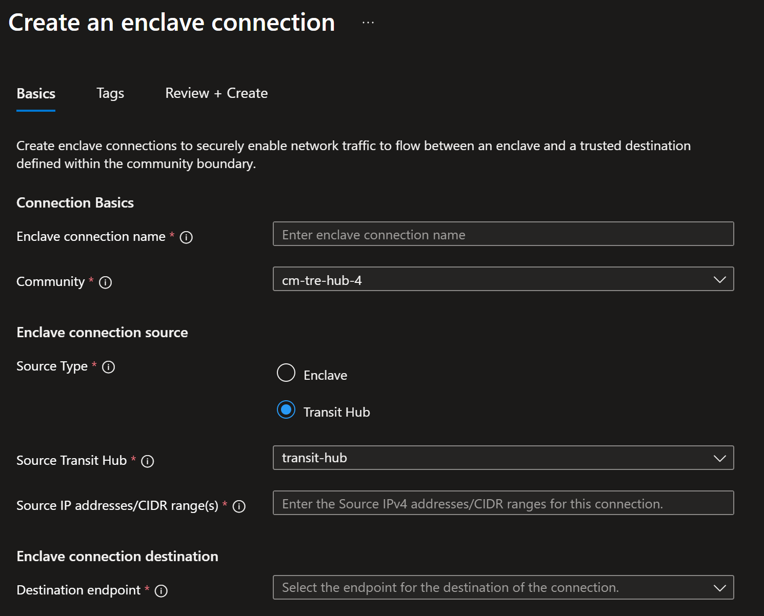 Screenshot showing enclave creation page with transit hub source selected.