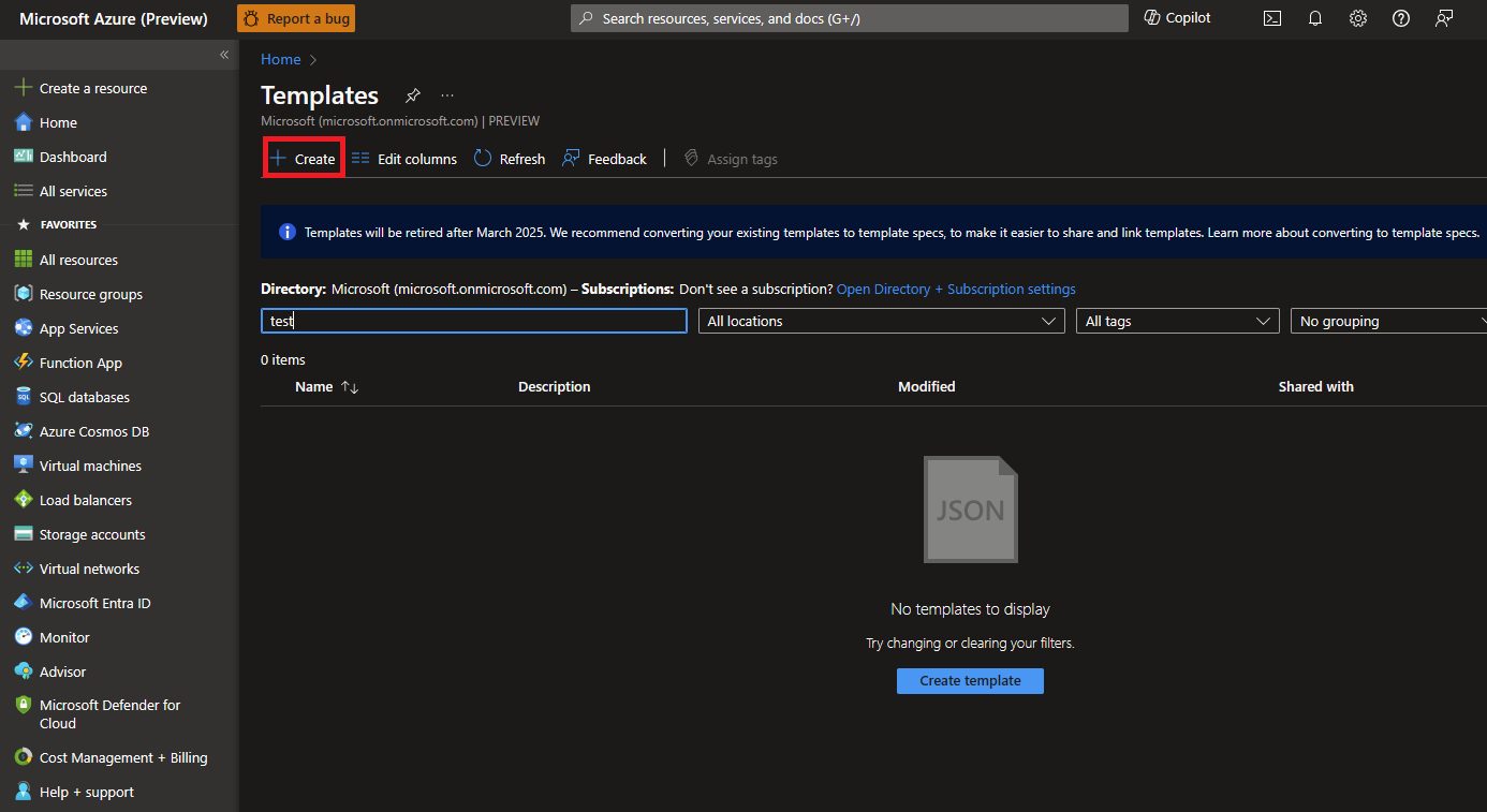 Screenshot showing the template spec page with the create button highlighted.