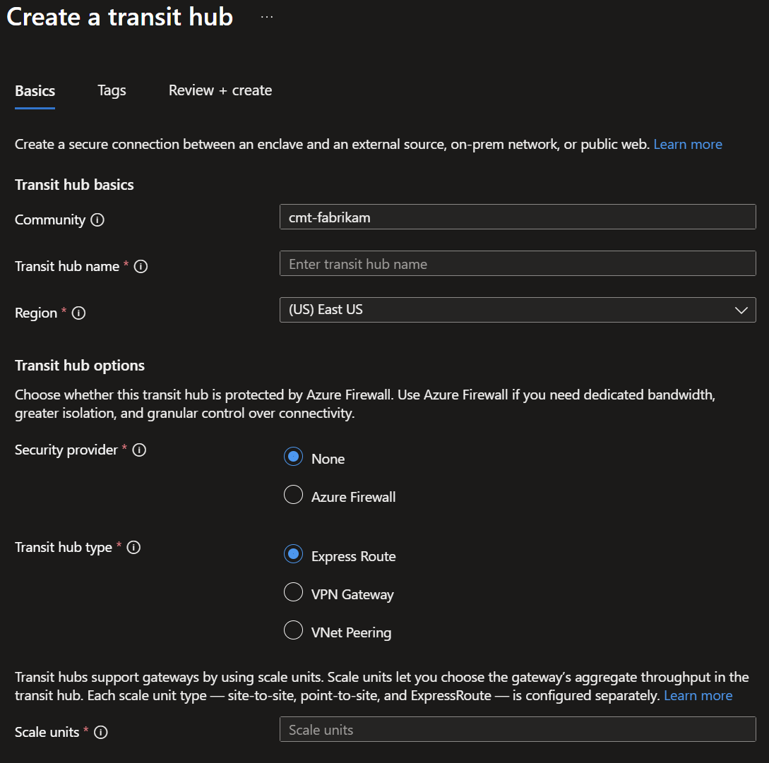 Screenshot showing the basics input page for creating a new transit hub.