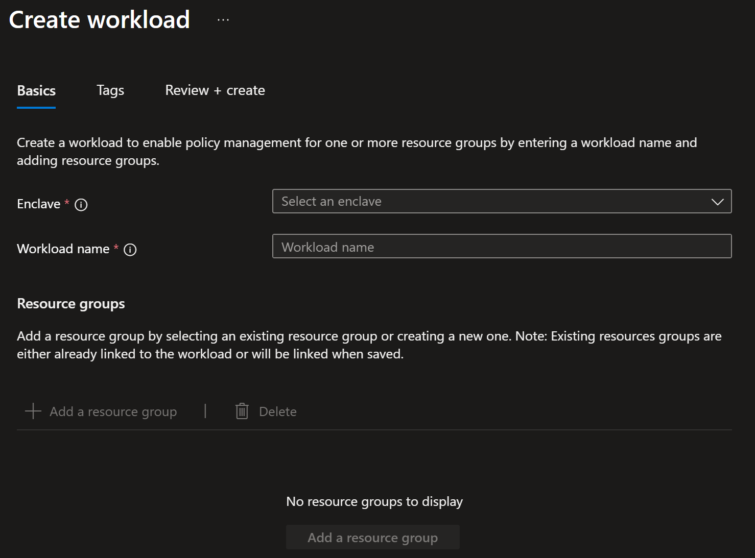 Screenshot showing the workload creation basics page.