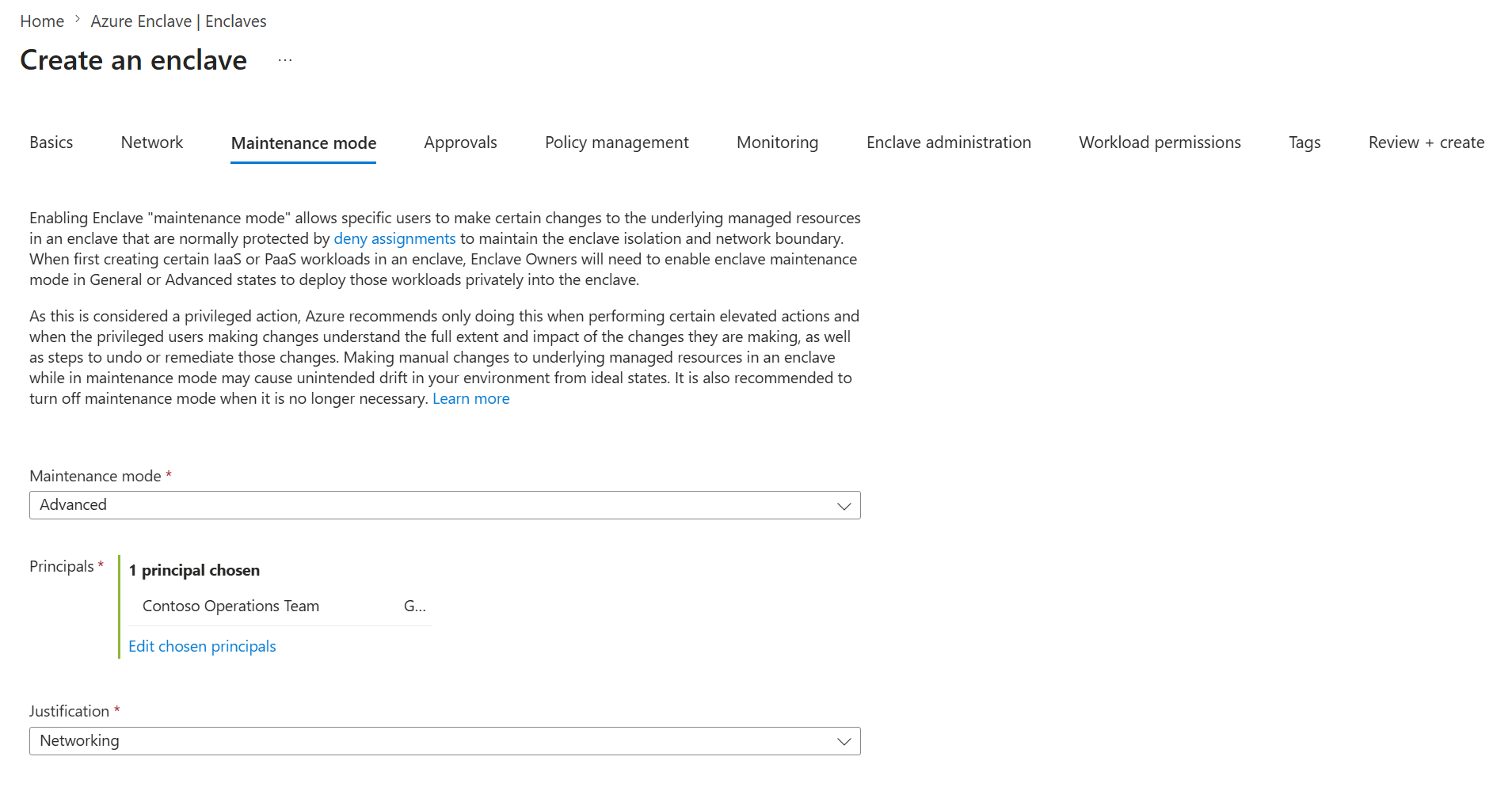 Screenshot showing Enclave Maintenance Mode settings in Azure Enclave.