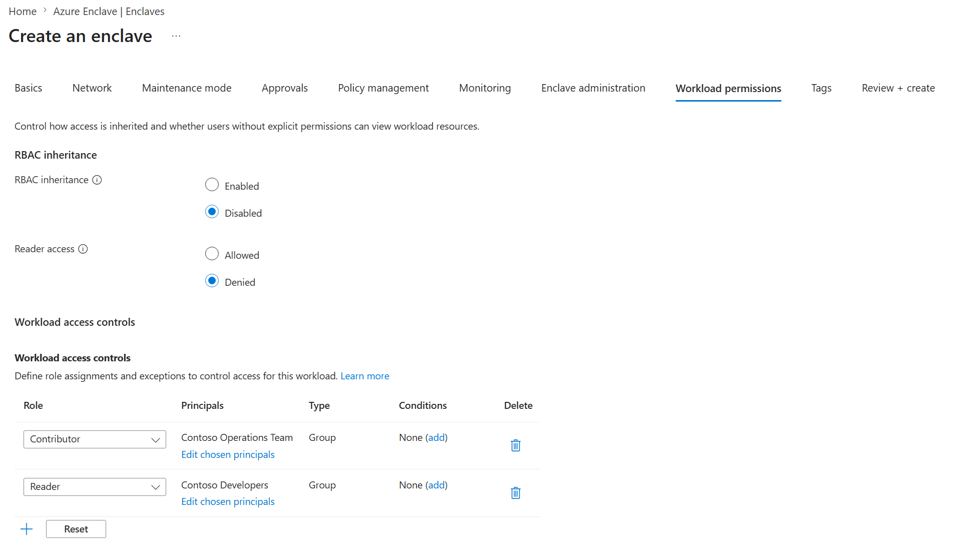 Screenshot showing Workload Administration settings in Azure Enclave.