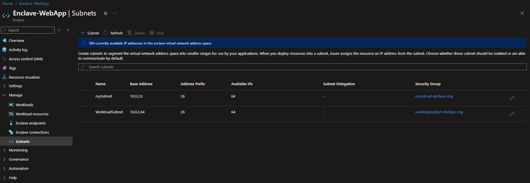 Screenshot showing the enclave submet management page.