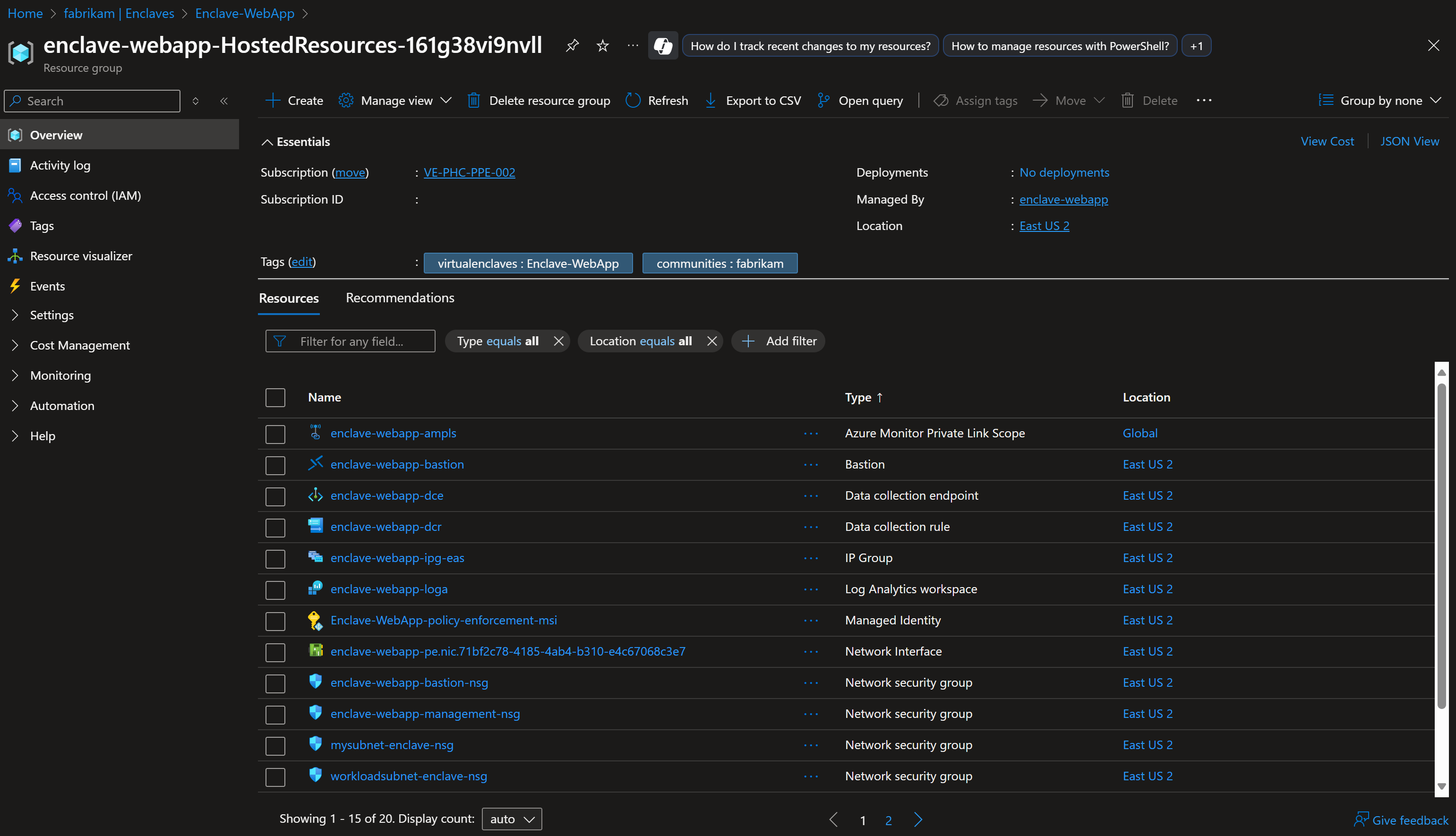 Screenshot showing an example of the enclave resources managed by Azure Enclave.