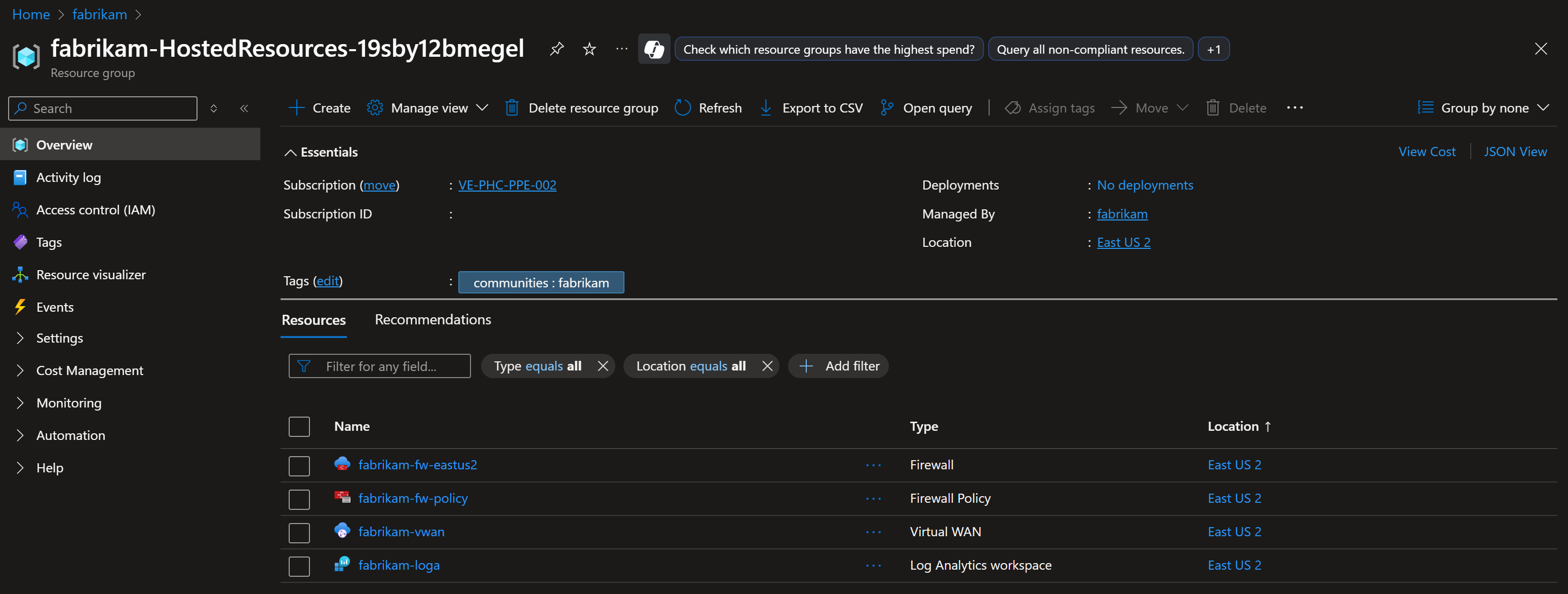 Screenshot showing an example of the community resources managed by Azure Enclave.