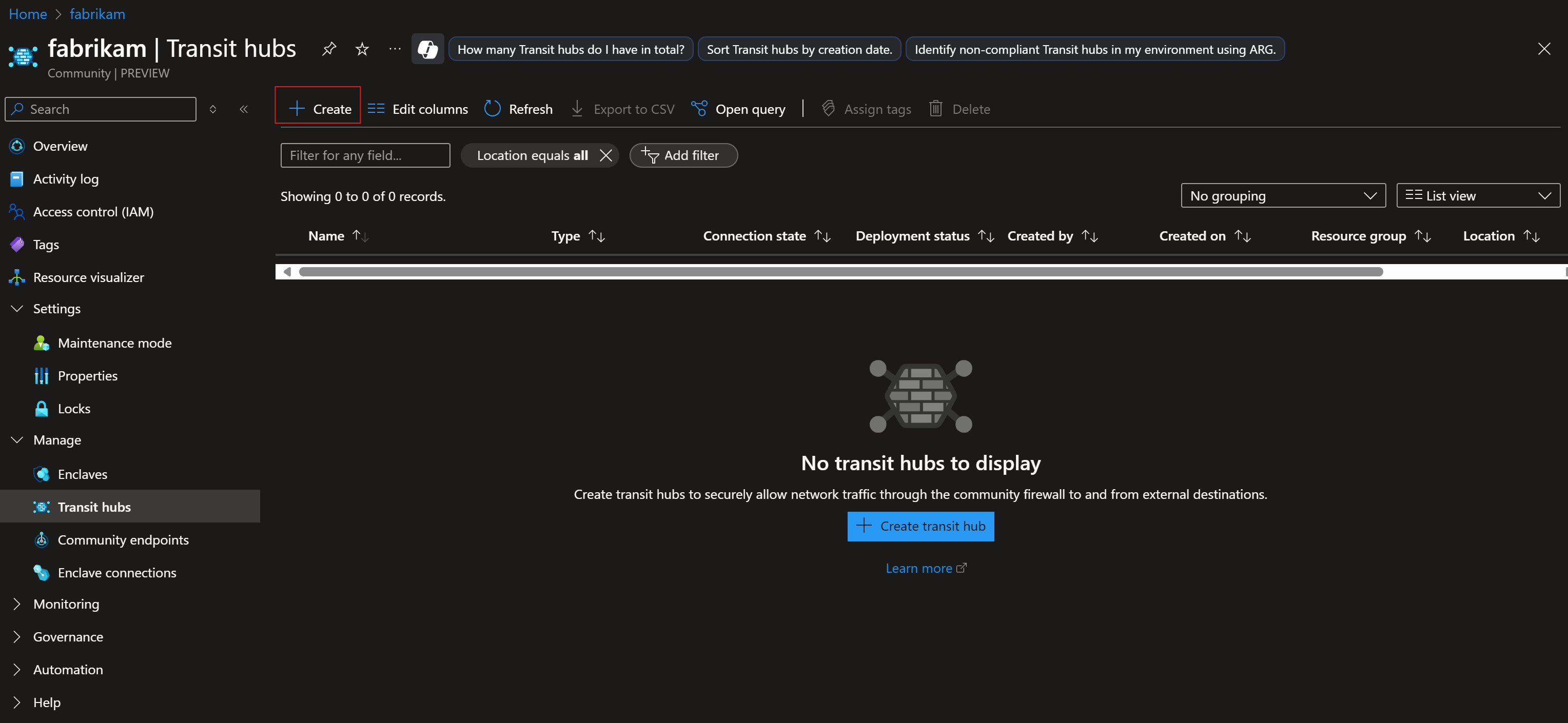 Screenshot showing the transit hub creation page with the create button highlighted in red.