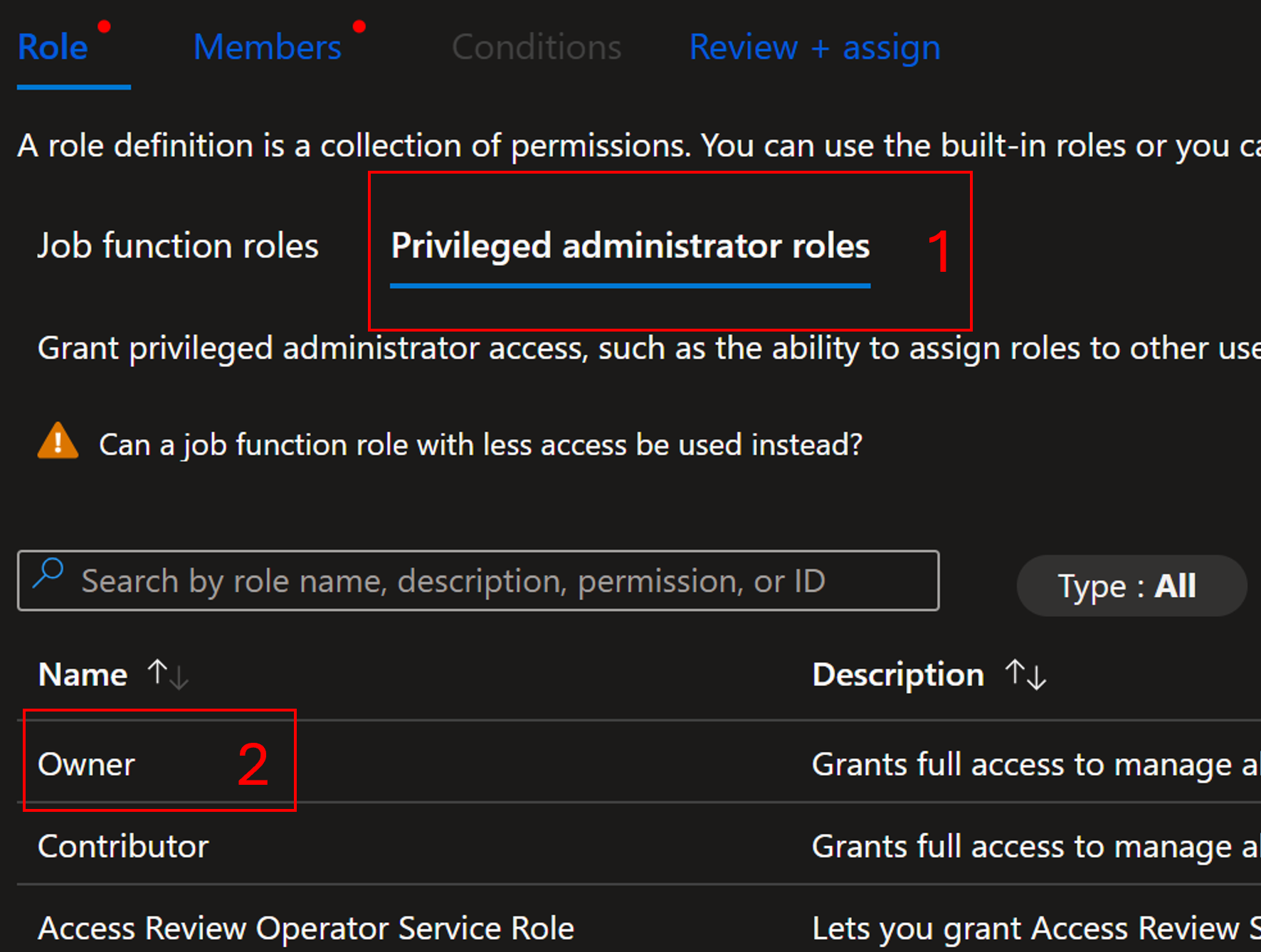 Screenshot showing the add owner role selection view in the portal.