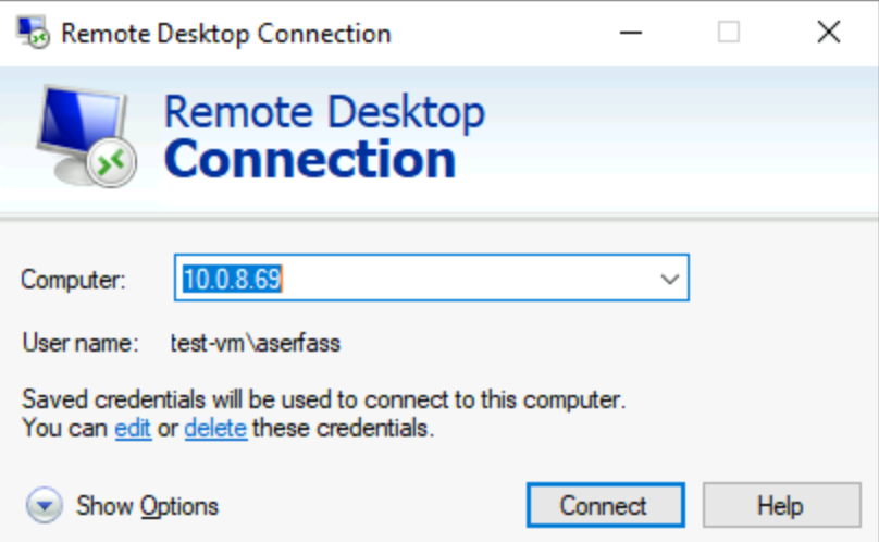 Screenshot showing the login screen for the remote virtual machine.