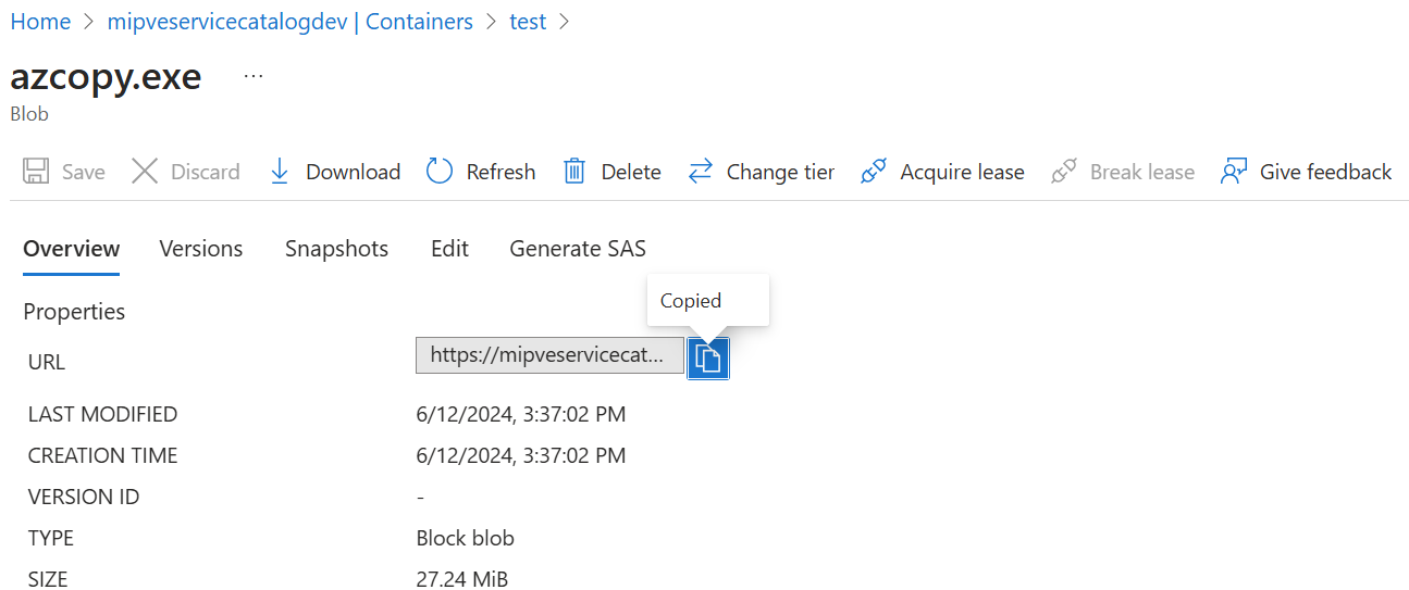Screenshot showing the URI for the azcopy.exe file.