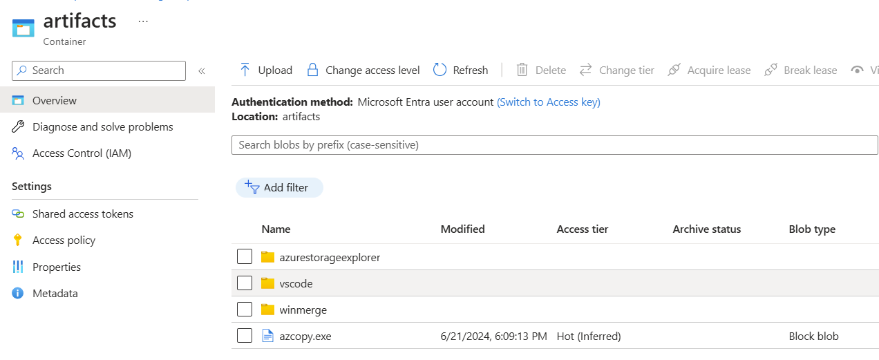 Screenshot showing storage container organization structure with multiple app folders in the same container and using the same copy of AzCopy.exe.