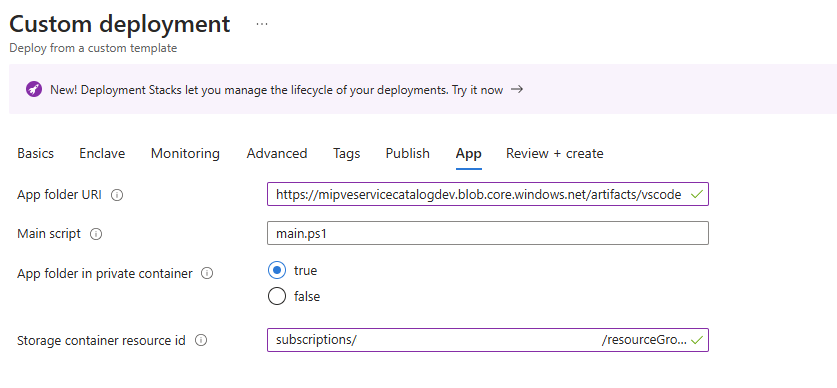 Screenshot showing the App tab parameters completed.