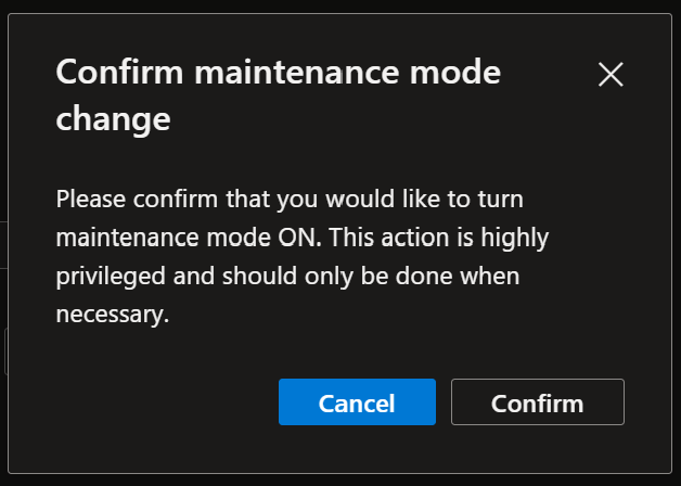 Screenshow showing the popup confirmation box for maintenance mode confirmation.
