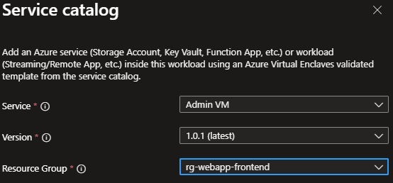 Screenshot showing the service catalog Admin VM selected from the list.