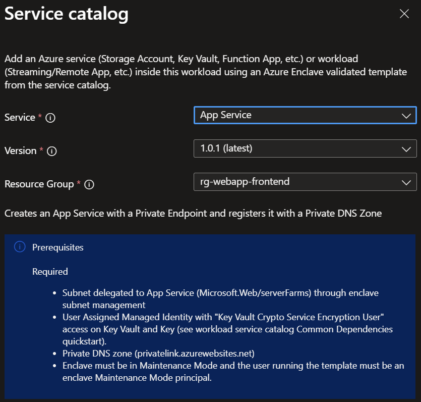 Screenshot showing the App Service template selected from the service catalog list.