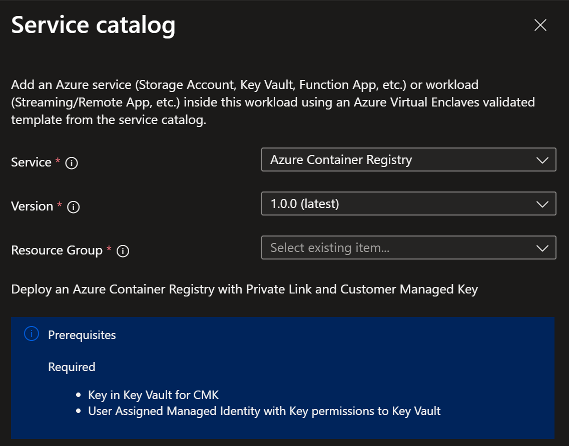Screenshot showing the Azure Container Registry template selected from the service catalog list.