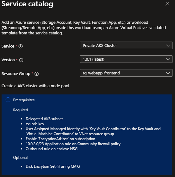 Screenshot showing the Azure Kubernetes Service template selected from the service catalog list.