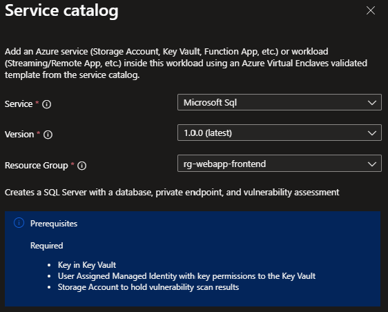 Screenshot showing the Azure SQL template selected from the service catalog list.