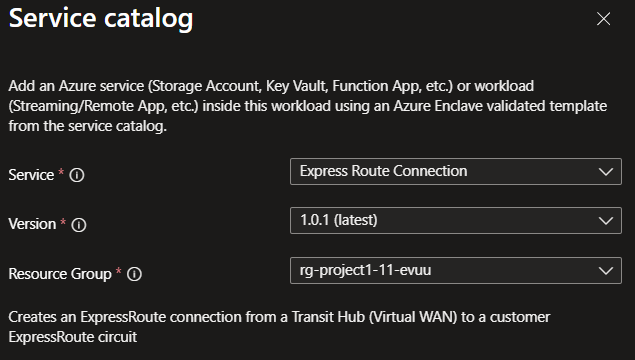 Screenshot showing the ExpressRoute connection template selected from the service catalog list.