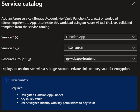Screenshot showing the Function App template selected from the service catalog list.