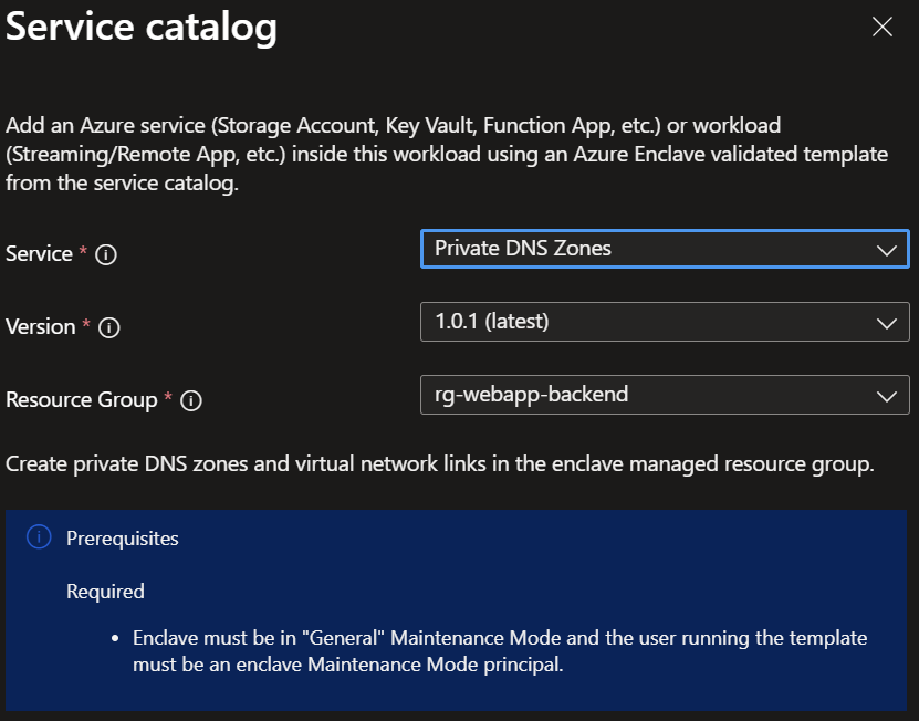 Screenshot showing the private DNS zones template selected from the service catalog list.