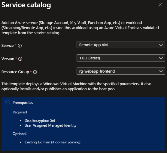 Screenshot showing Virtual Machine selected from the service catalog list.