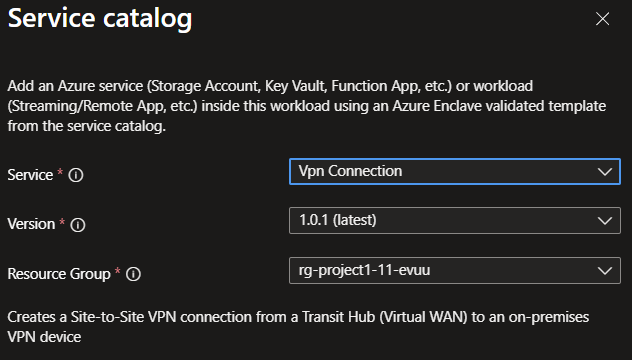 Screenshot showing the VPN connection template selected from the service catalog list.