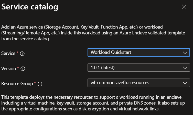 Screenshot showing the Virtual Machine template selected from the service catalog list.