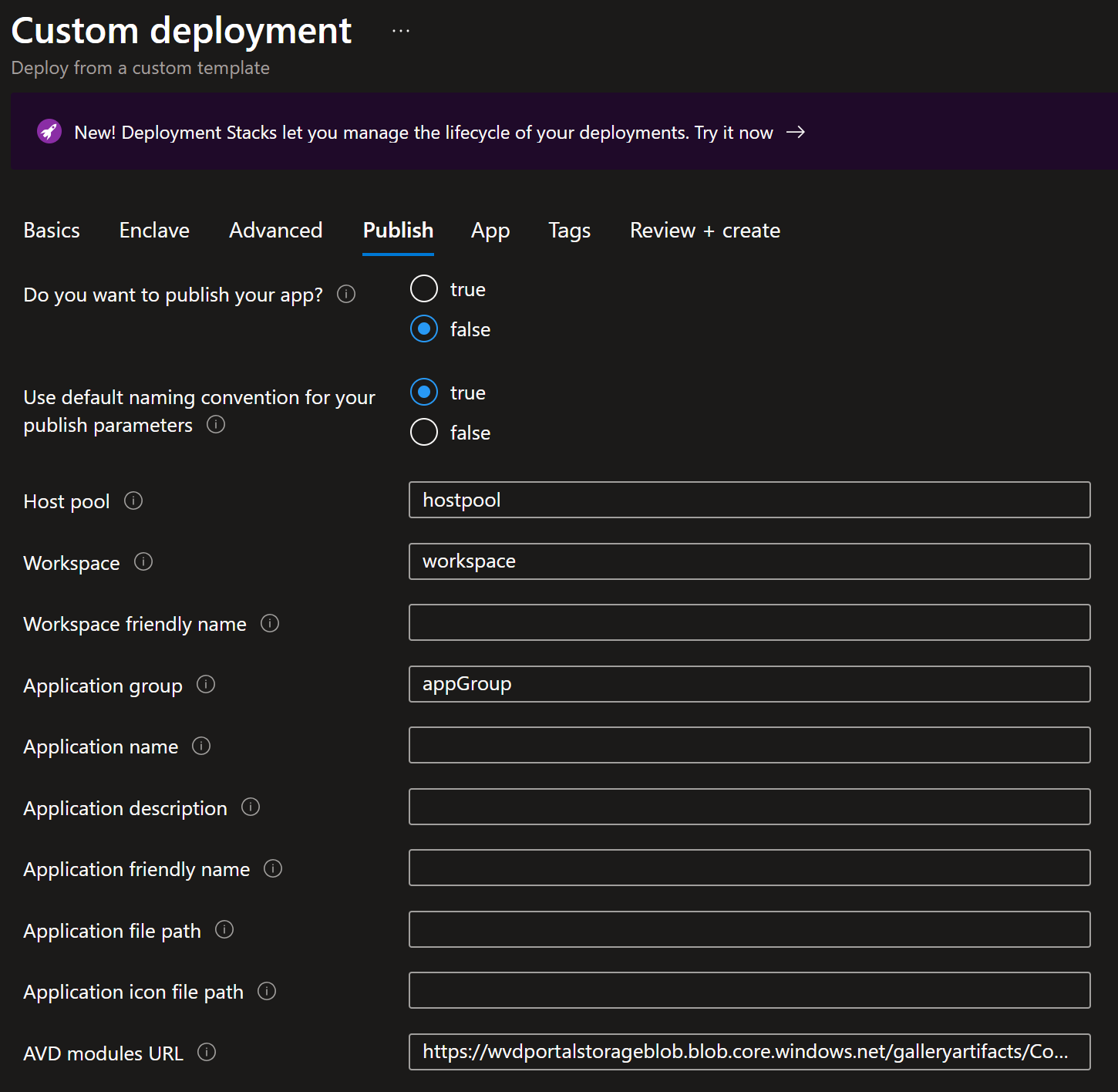 Screenshot showing the inputs needed to publish an app on the Virtual Machine.