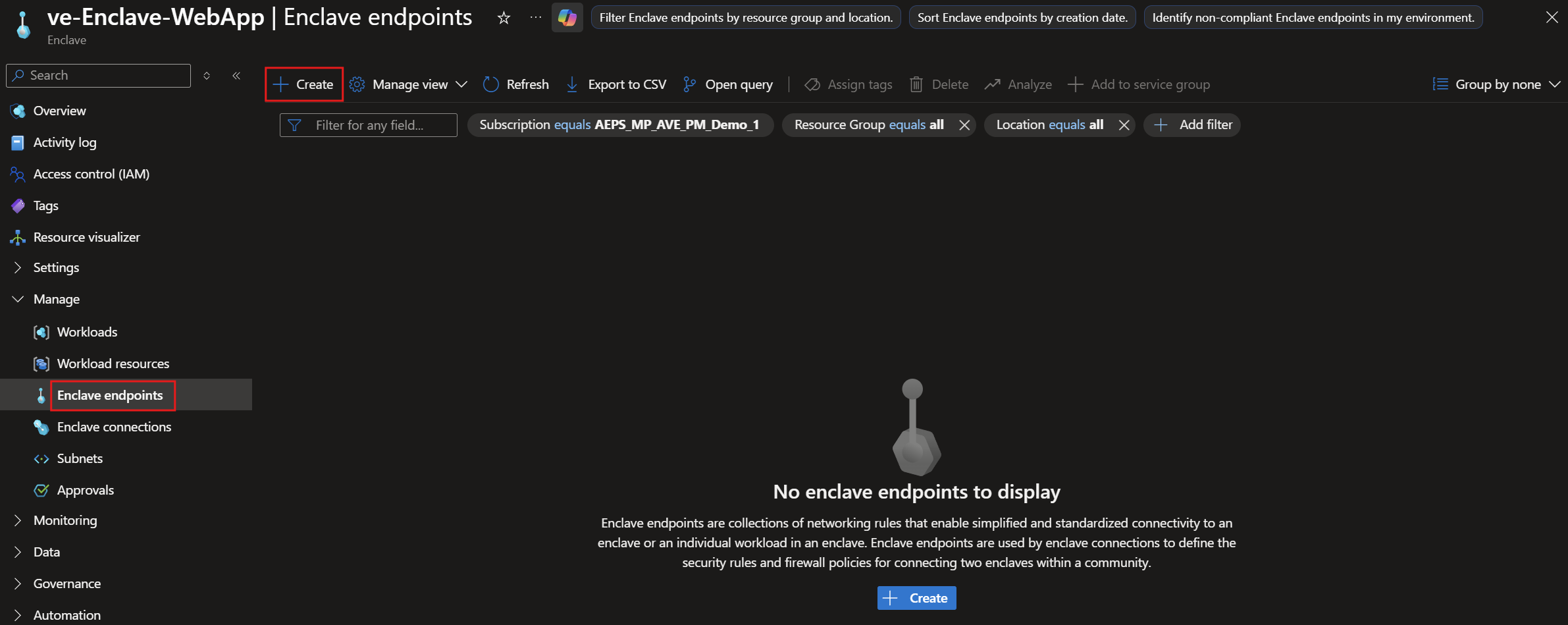 Screenshot showing the highlighted create button for enclave endpoints.