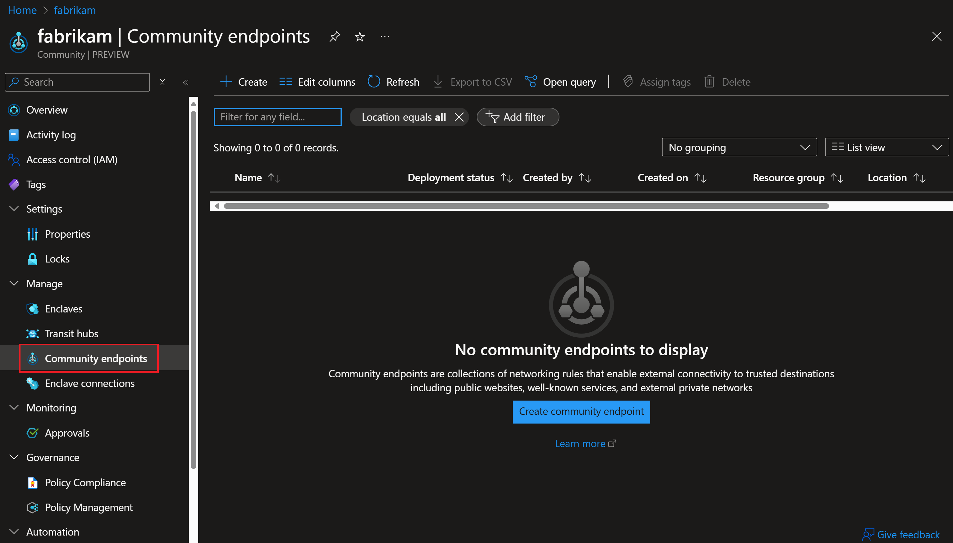 Screenshot showing the community endpoint list.