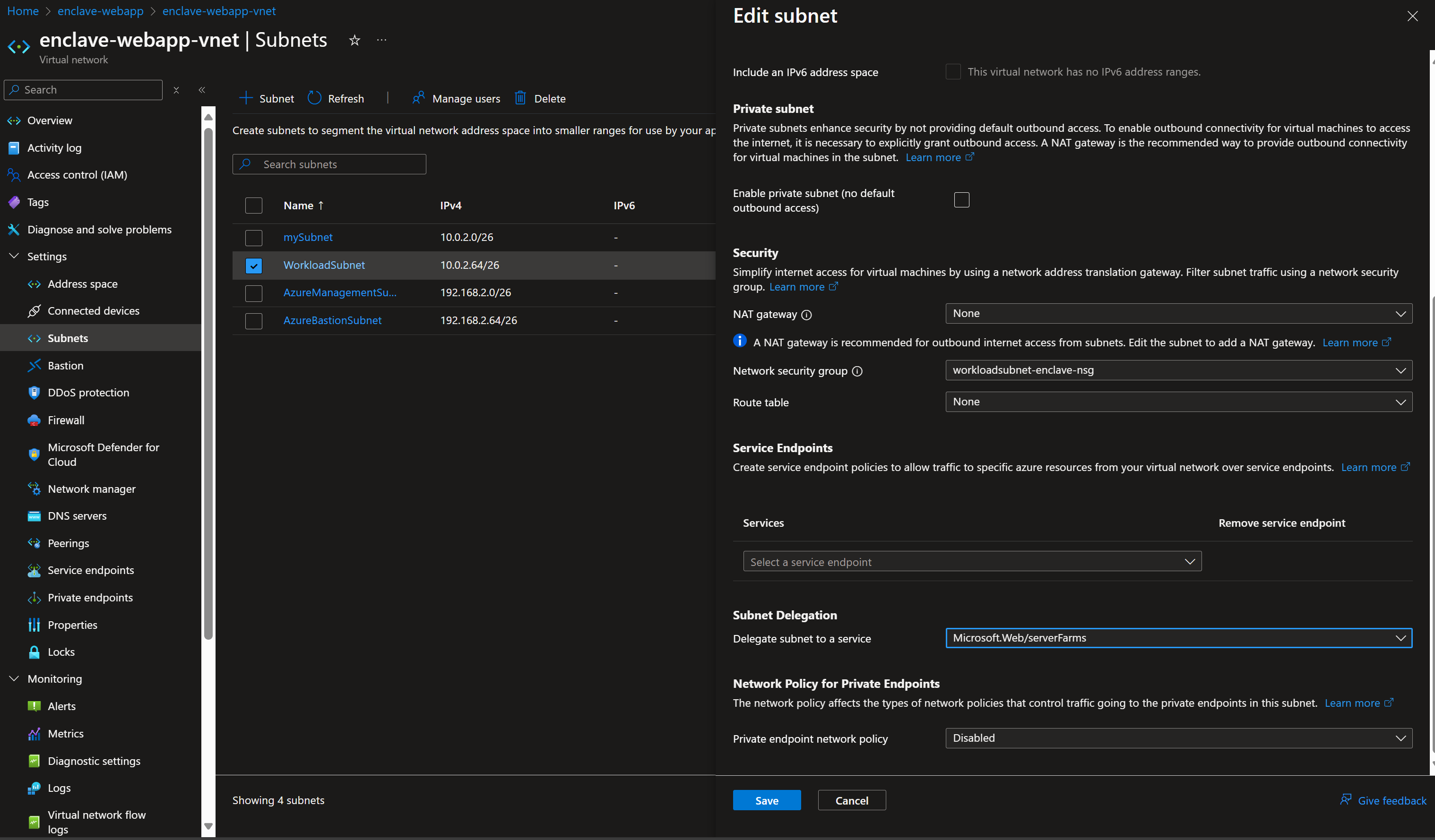 Screenshot showing the subnet delegation prerequisite step.