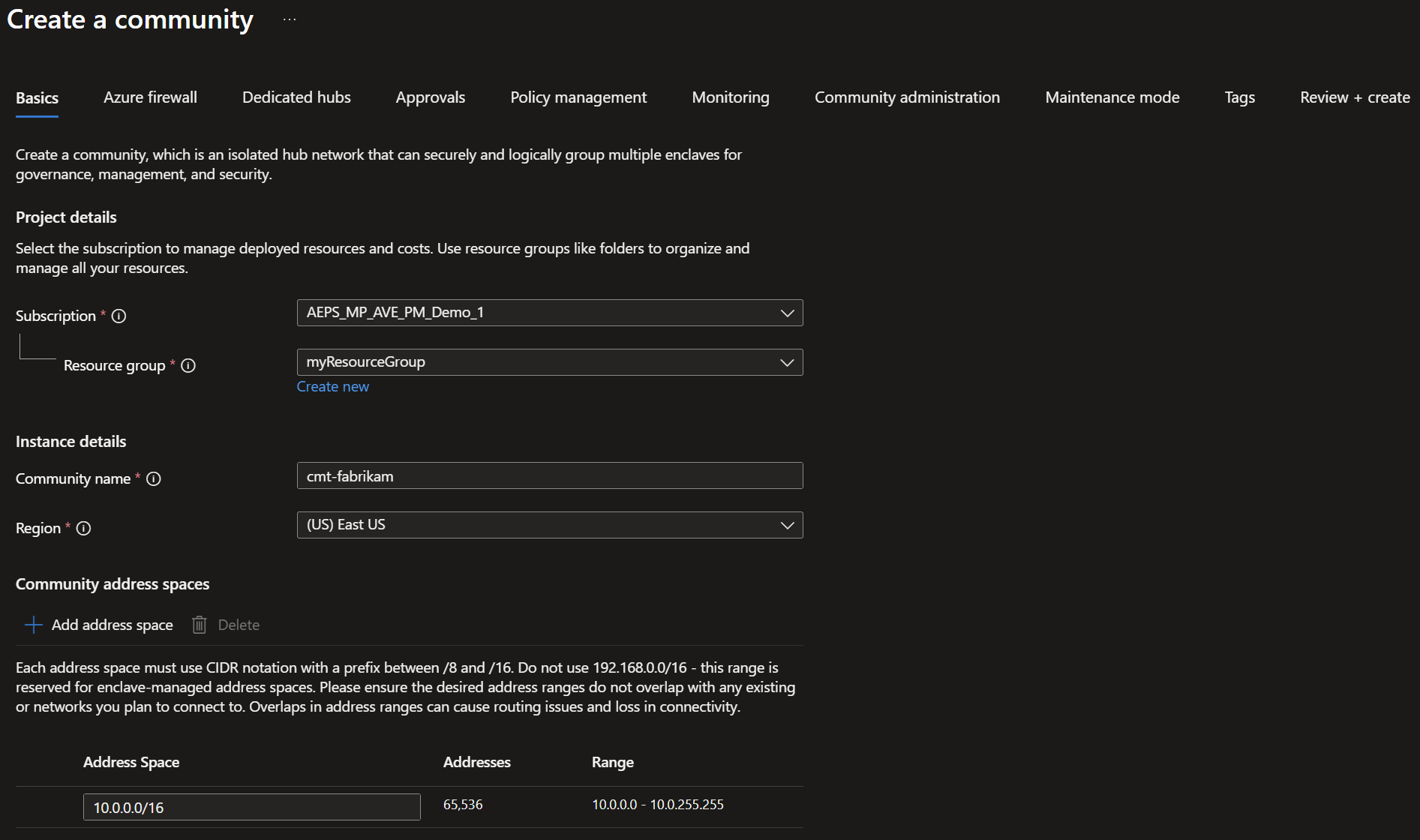 Screenshot showing the create community screen with the basics inputs for the tutorial environment.