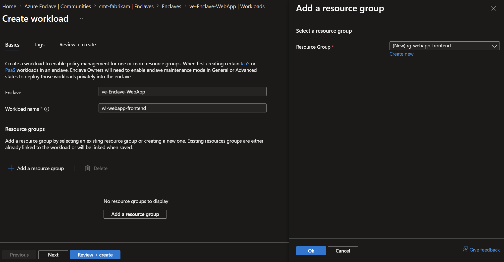 Screenshot showing the frontend workload creation screen with the tutorial inputs entered.