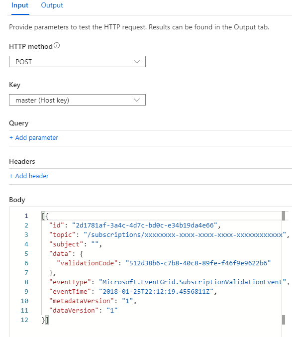 Screenshot of the Event Grid validation request JSON in the Azure Function test field.