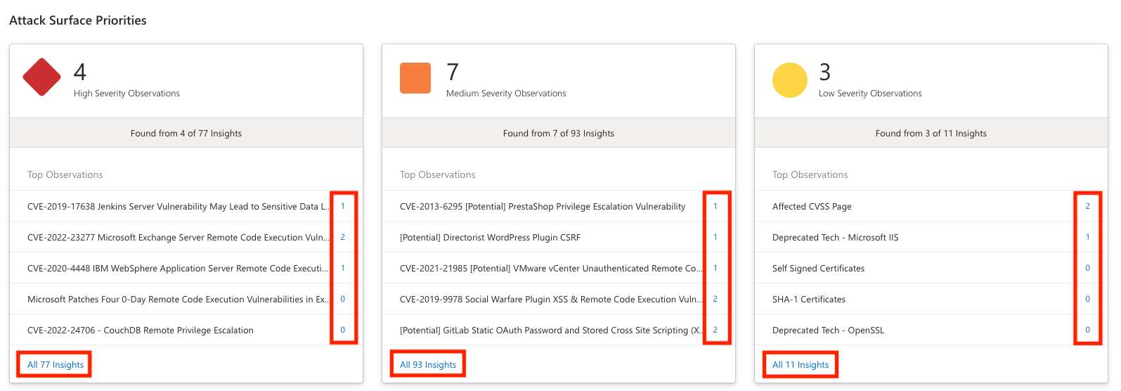 Screenshot of attack surface priorities listing security insights organized by high, medium, and low severity.