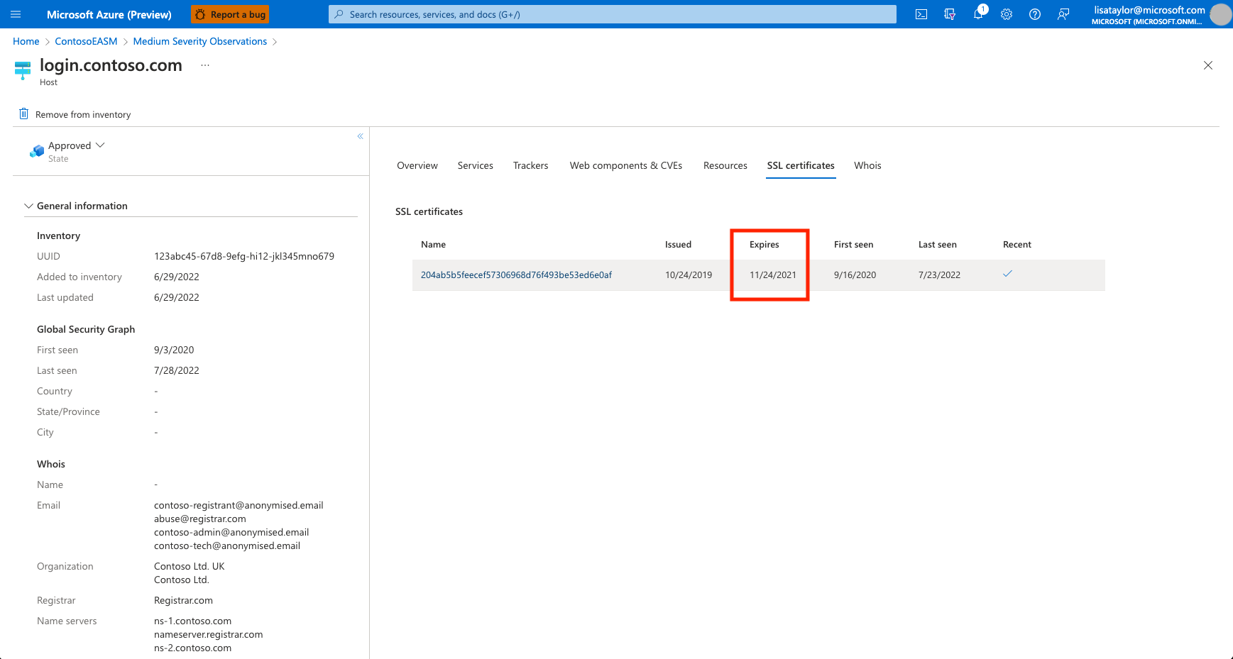 Screenshot of the impacted assets list for an expired SSL certificate observation, showing affected host assets.