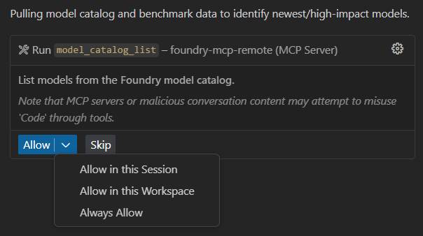 Screenshot of options to run Foundry MCP Server operations.