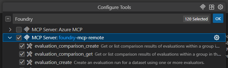 Screenshot of GitHub Copilot Agent Mode tools list showing Foundry MCP Server tool.