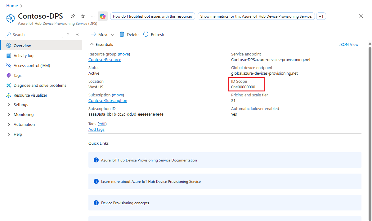 Extract Device Provisioning Service endpoint information from the Azure portal.