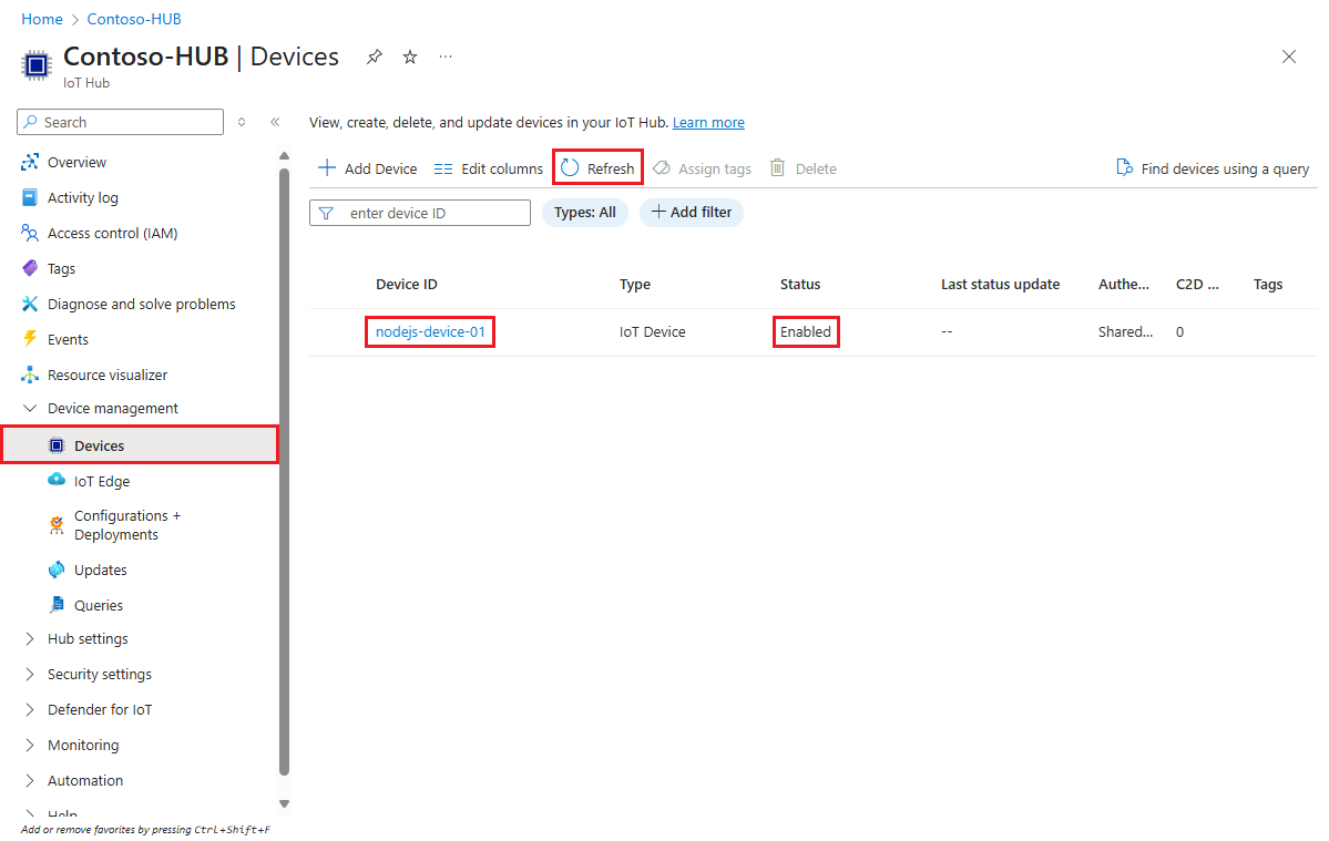 Screenshot showing that the device is registered with the IoT hub and enabled for the Node.js example.