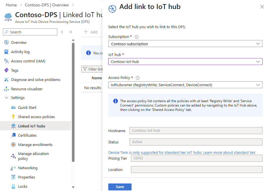 Screenshot that shows how to link an IoT hub to the DPS instance in the portal.