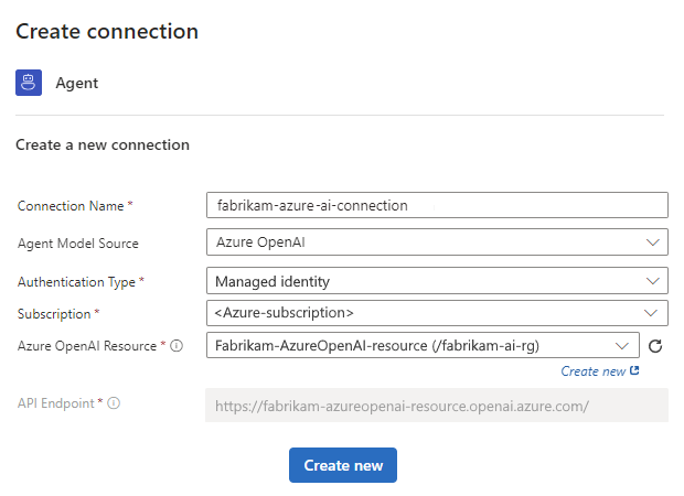 Screenshot shows example connection details for a deployed model in Azure OpenAI Service.