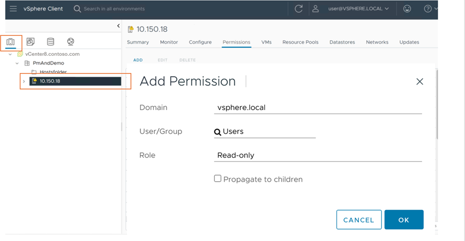 Screenshot to show add permissions at Host parent object without propagate to children in vSphere client.