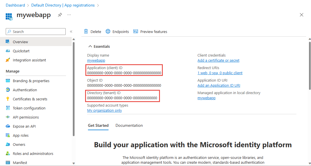 Screenshot that shows an application ID and tenant ID in the pane for app registration.