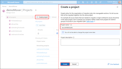 Screenshot of the Storage Mover's 'Create a project' page.