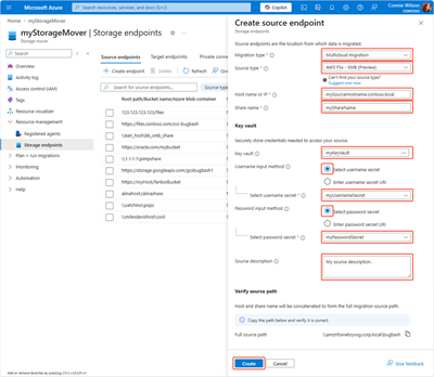 Screen capture of the Storage Mover's Source Endpoint pane, highlighting the fields required to create a new source endpoint resource.