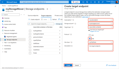 Screen capture of the Storage Mover's Target Endpoint pane, highlighting the fields required to create a new target endpoint resource.