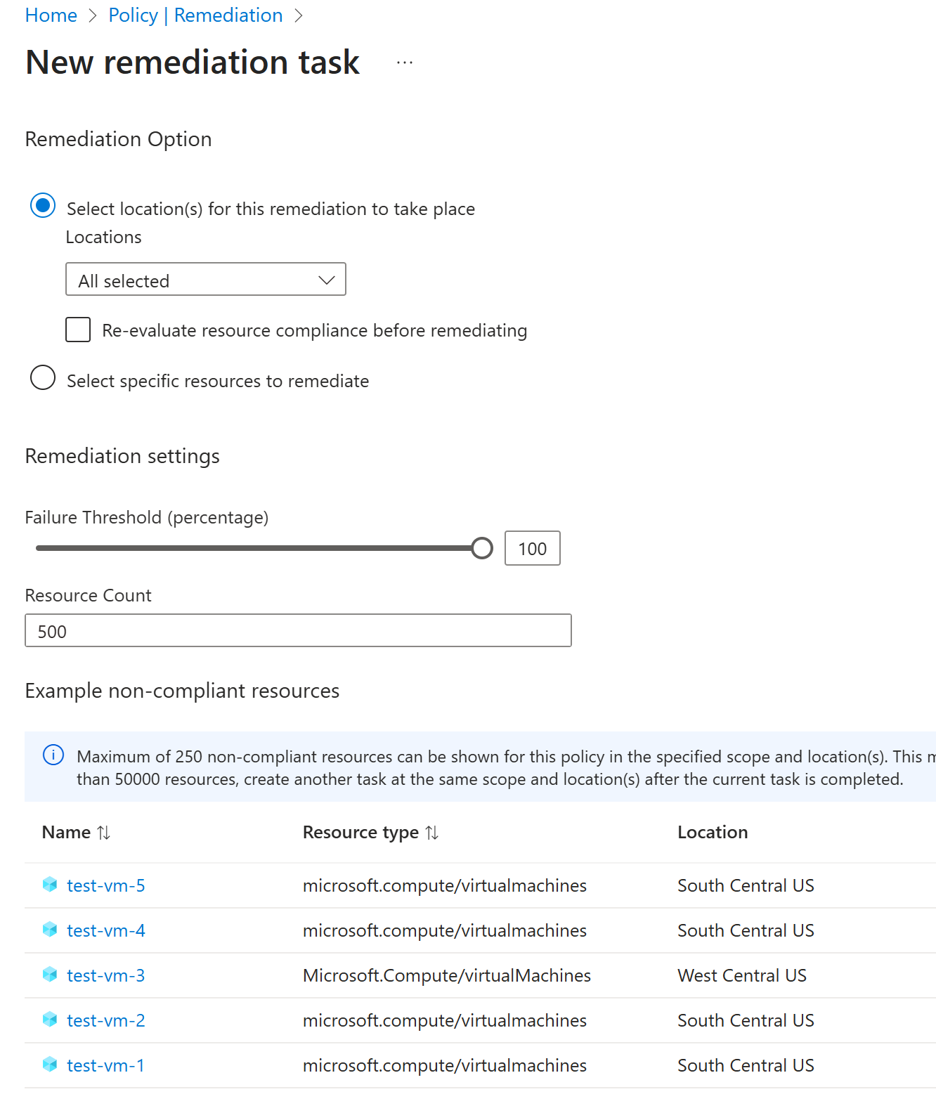 Screenshot of Azure Portal experience showing how to create a new remediation task.