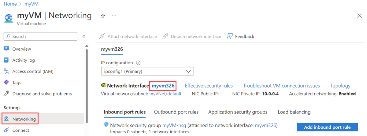 Screenshot of how to select the network interface of a VM.