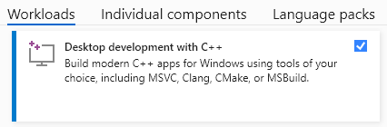 Screenshot of the Visual Studio Installer with the Workloads tab selected. Desktop development with c++ is selected.